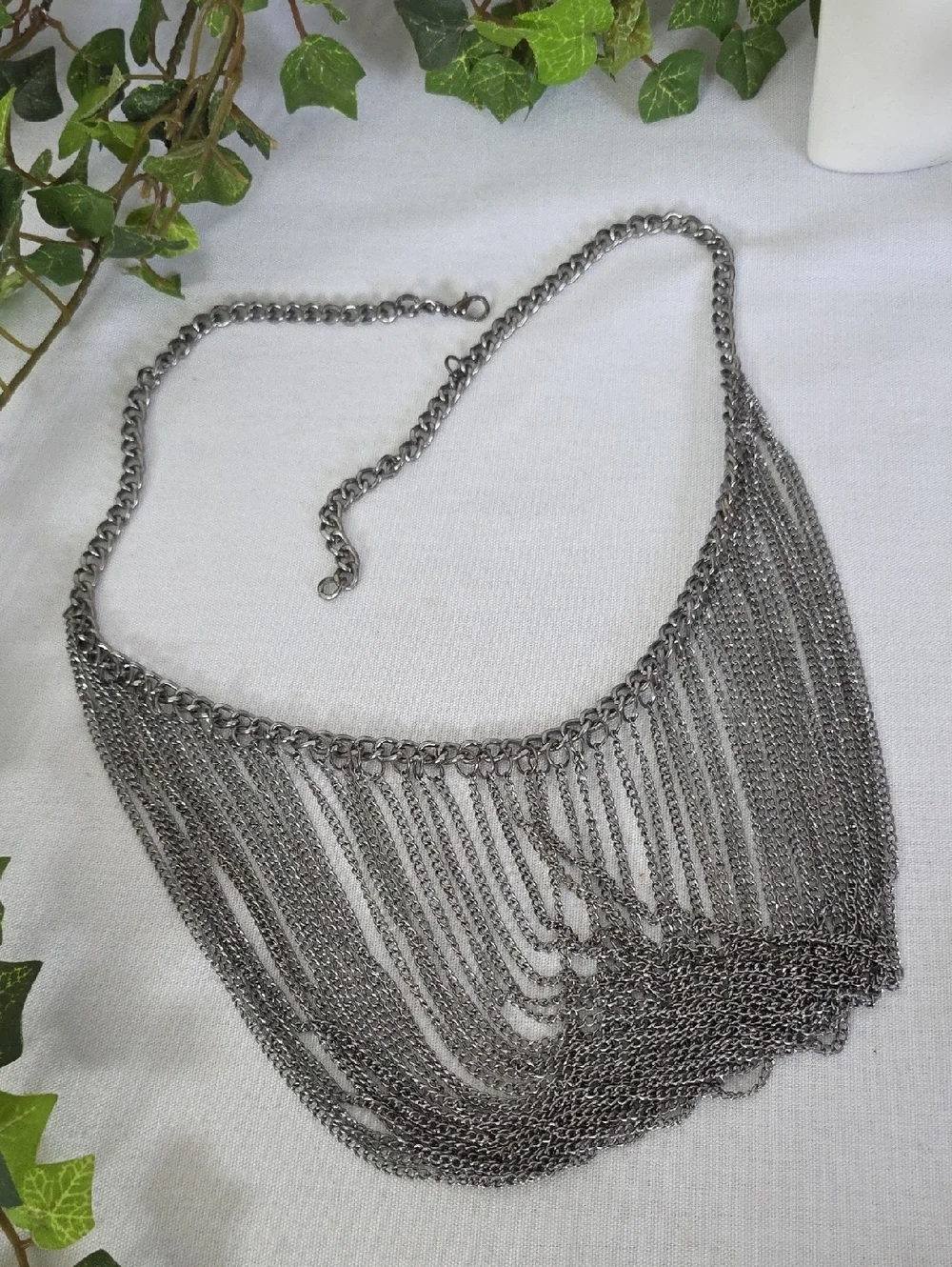 Gunmetal Multi-Strand Chain Drape Bib Necklace - Industrial Statement